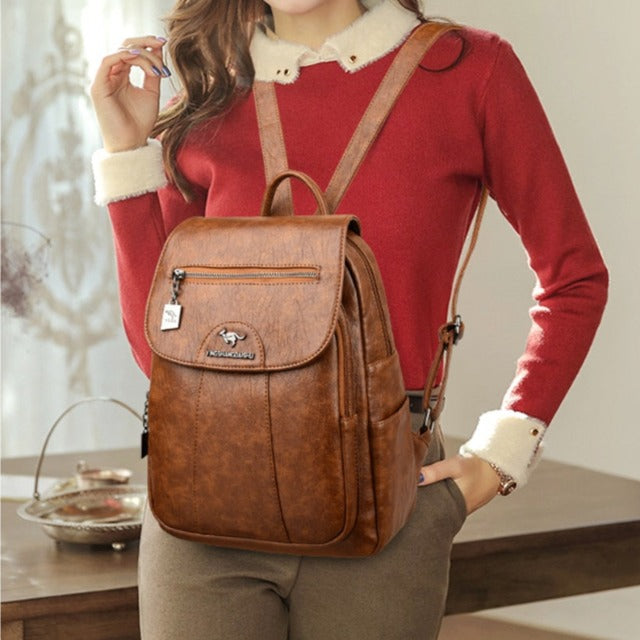 Brown leather backpack for women