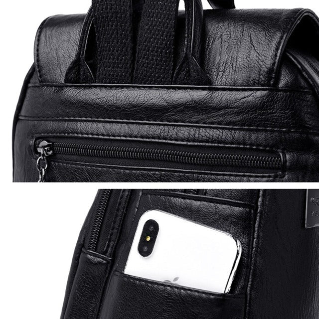 Black leather backpack for women