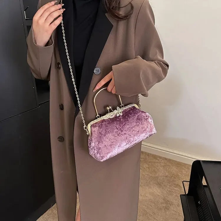 Amblot Purple Corduroy evening clutch bag with wrist strap