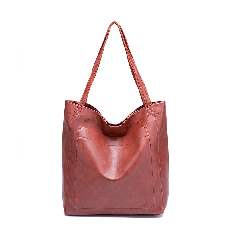 Amblot Red Brown Large capacity leather tote bag with pocket