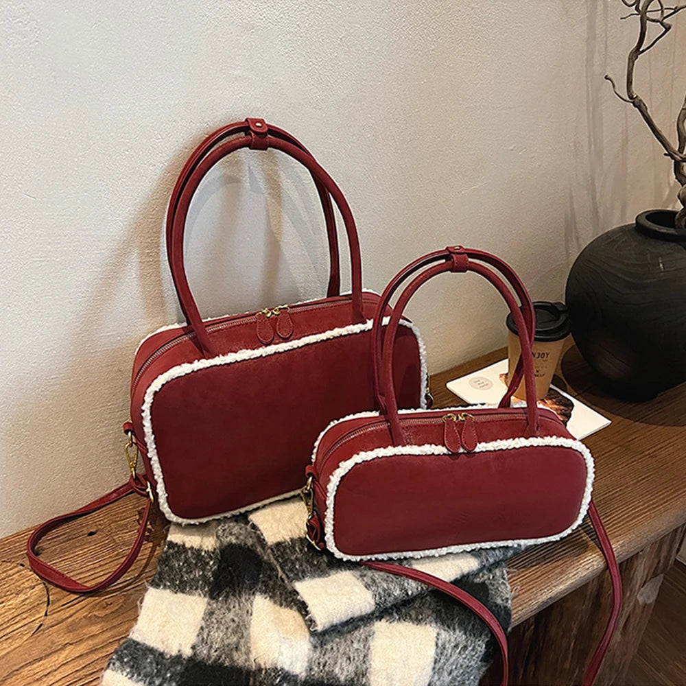 Amblot Red / Large Elegant suede handbag with vintage charm