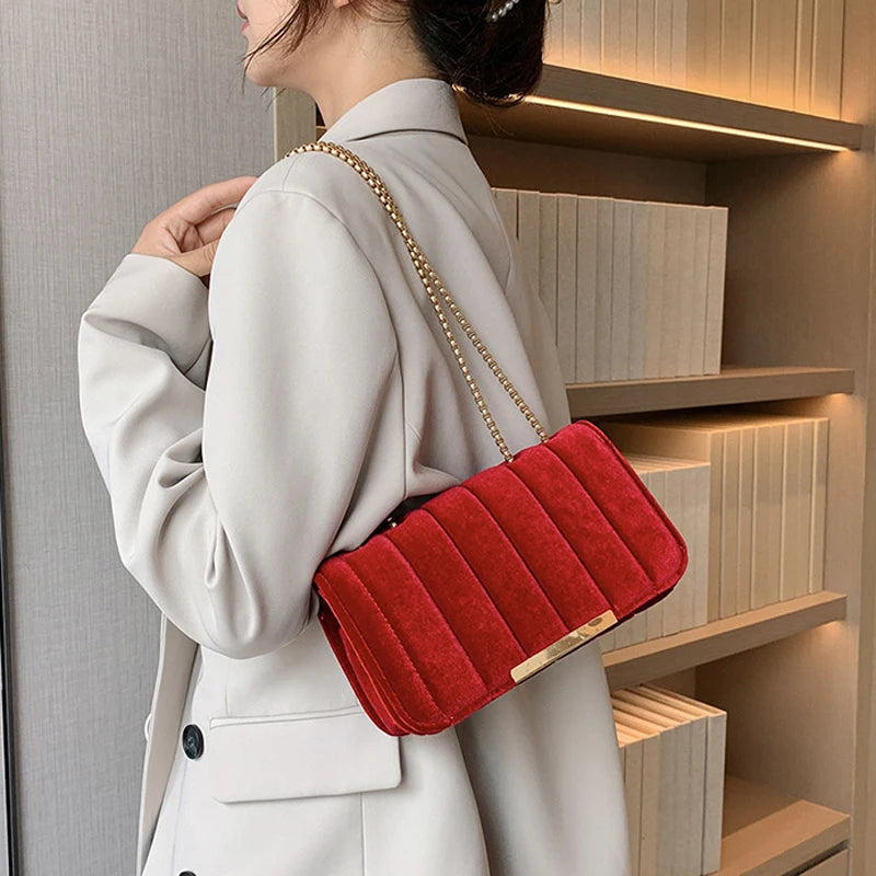 Amblot Red Luxury corduroy handbag with gold chain strap