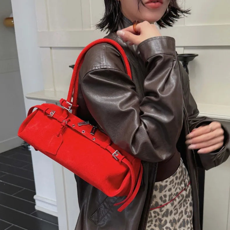 Amblot Red Rectangular suede handbag