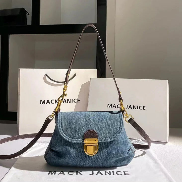 Amblot Retro denim clutch bag with gold buckle closure