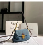 Amblot Retro denim clutch bag with gold buckle closure