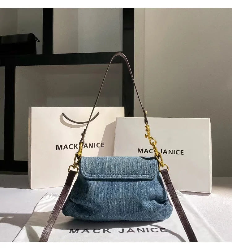 Amblot Retro denim clutch bag with gold buckle closure