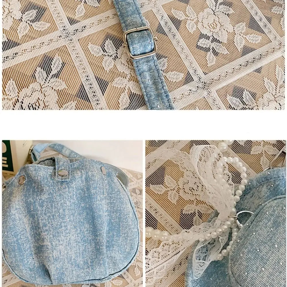 Amblot Round denim crossbody bag with fringe and zip closure