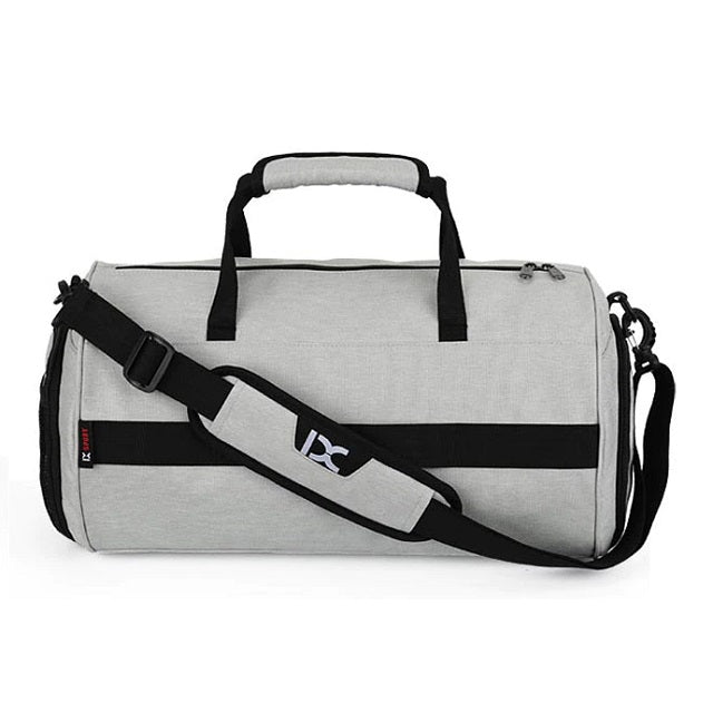 Unisex grey sports duffel bag with shoe pocket
