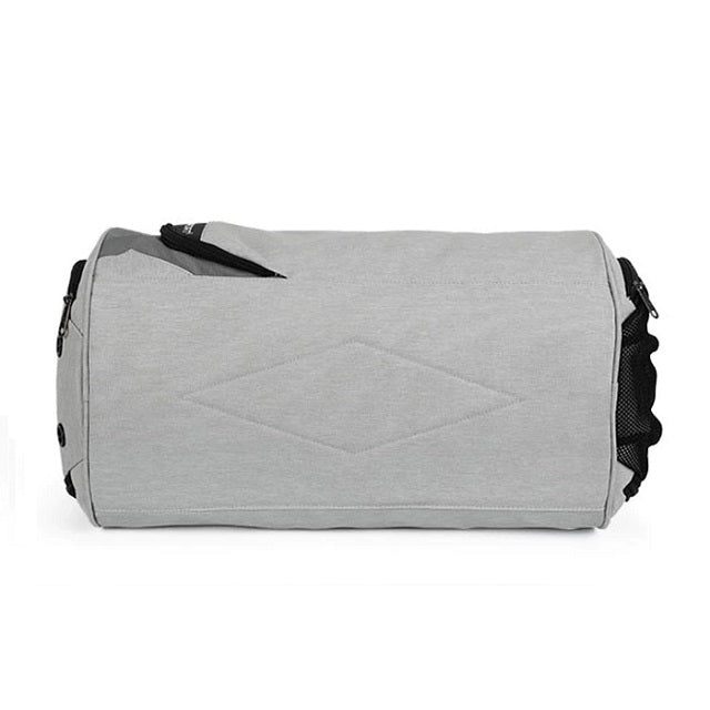 Unisex grey sports duffel bag with shoe pocket