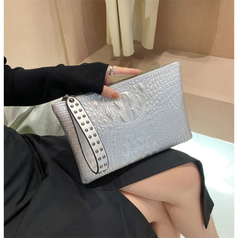 Amblot Silver Crocodile texture leather clutch bag