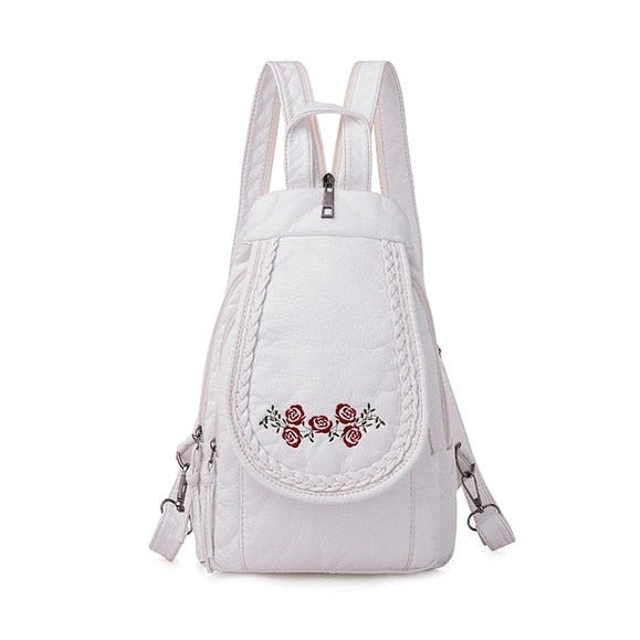 Petit sac à dos en cuir de voyage pour femme, motif fleur blanc
