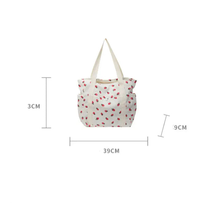 Amblot Strawberry pattern corduroy tote bag for women