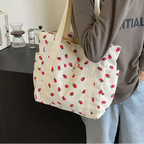 Amblot Strawberry pattern corduroy tote bag for women