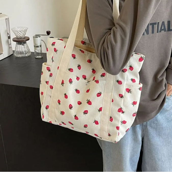 Amblot Strawberry pattern corduroy tote bag for women