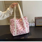 Amblot Strawberry pattern corduroy tote bag for women