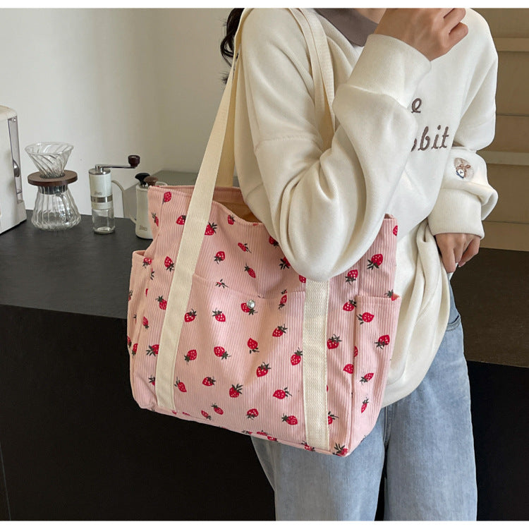 Amblot Strawberry pattern corduroy tote bag for women