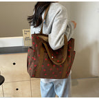 Amblot Strawberry pattern corduroy tote bag for women