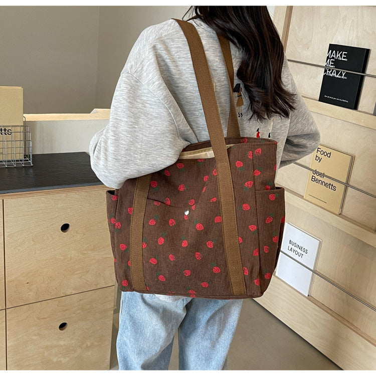 Amblot Strawberry pattern corduroy tote bag for women