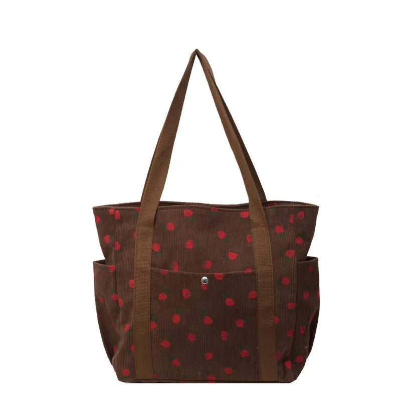 Amblot Strawberry pattern corduroy tote bag for women