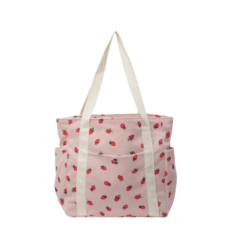 Amblot Strawberry pattern corduroy tote bag for women