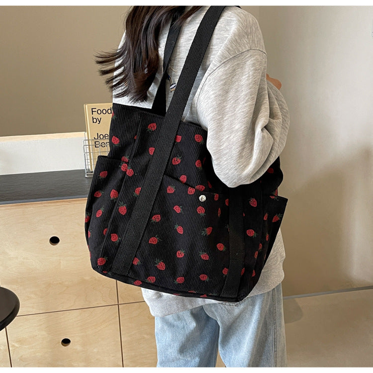 Amblot Strawberry pattern corduroy tote bag for women