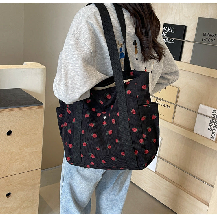 Amblot Strawberry pattern corduroy tote bag for women