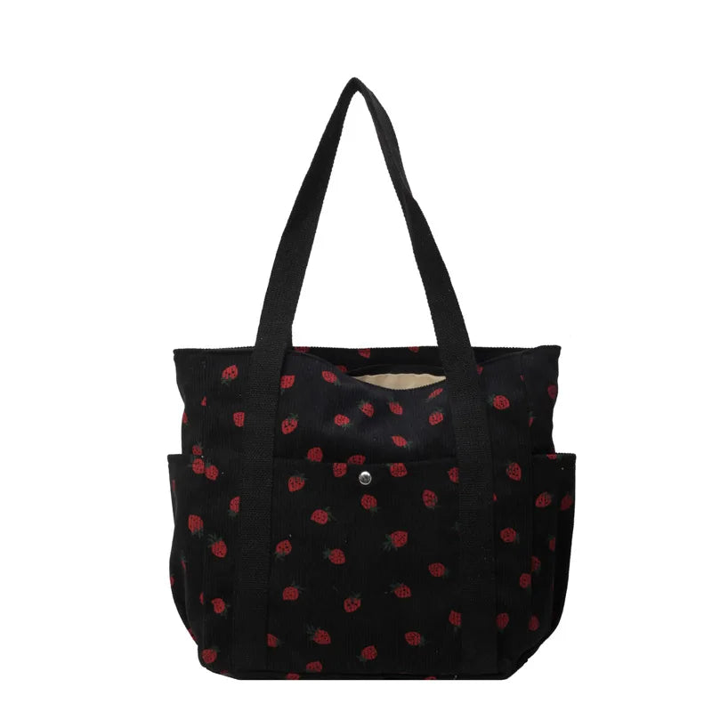 Amblot Strawberry pattern corduroy tote bag for women