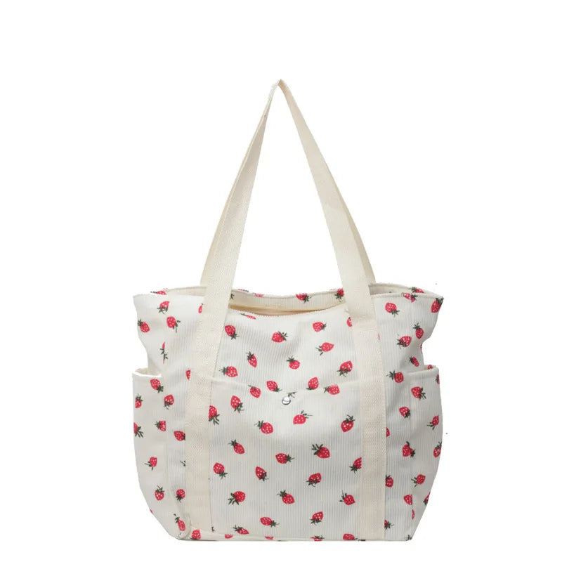 Amblot Strawberry pattern corduroy tote bag for women