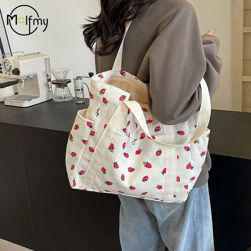 Amblot Strawberry pattern corduroy tote bag for women