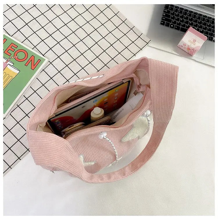 Amblot Stylish corduroy tote bag with drawstring detail