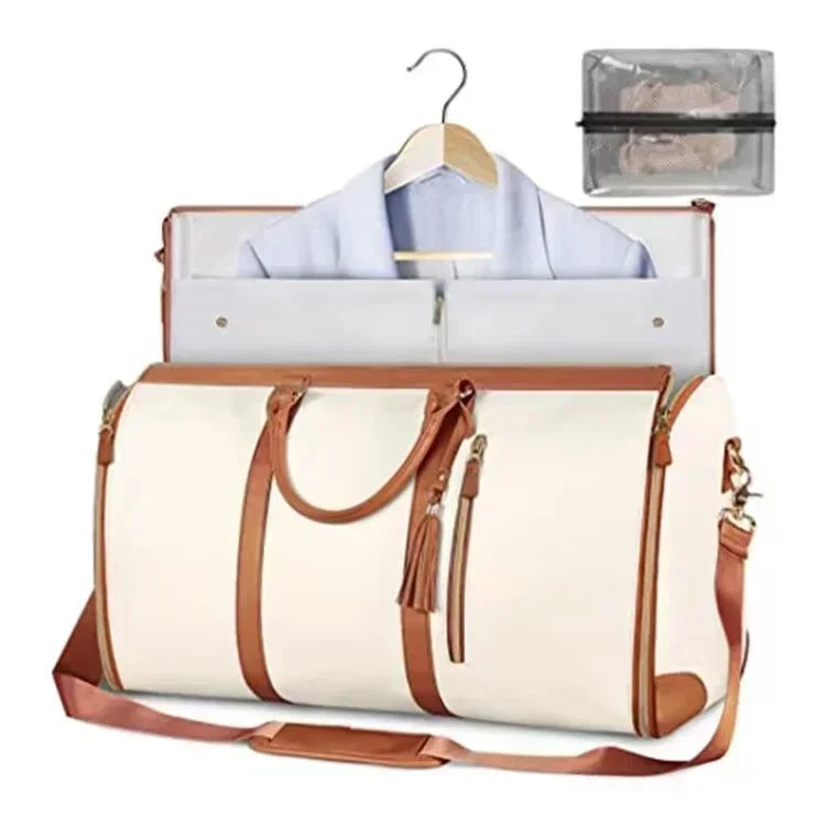 Amblot White And Brown Foldable women's travel leather duffle bag