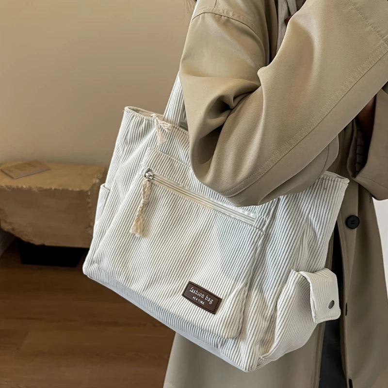 Amblot White Classic corduroy tote bag with external pockets