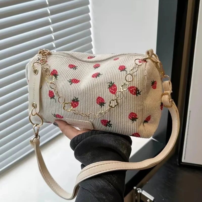 Amblot White corduroy handbag with strawberry print