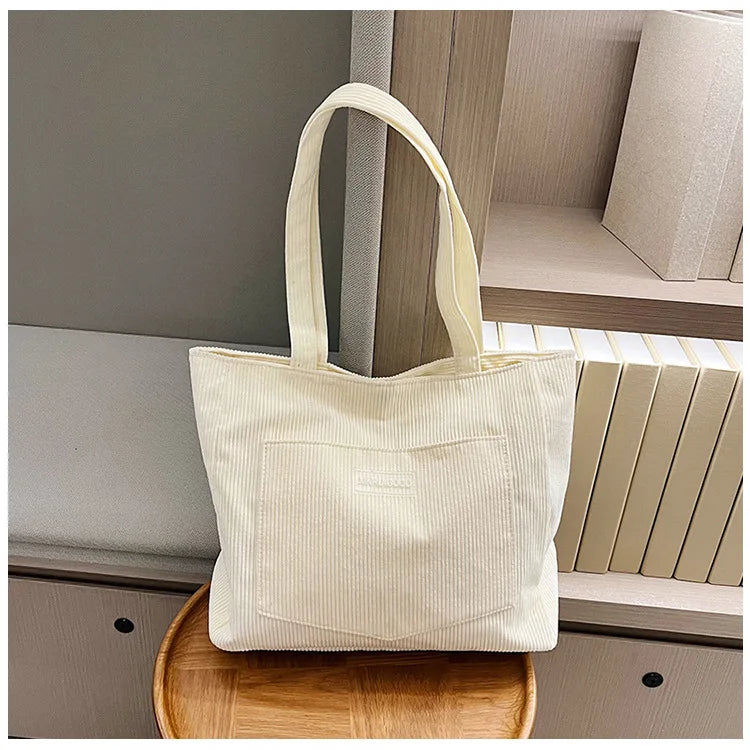 Amblot White Ladies’ corduroy tote bag for casual wear
