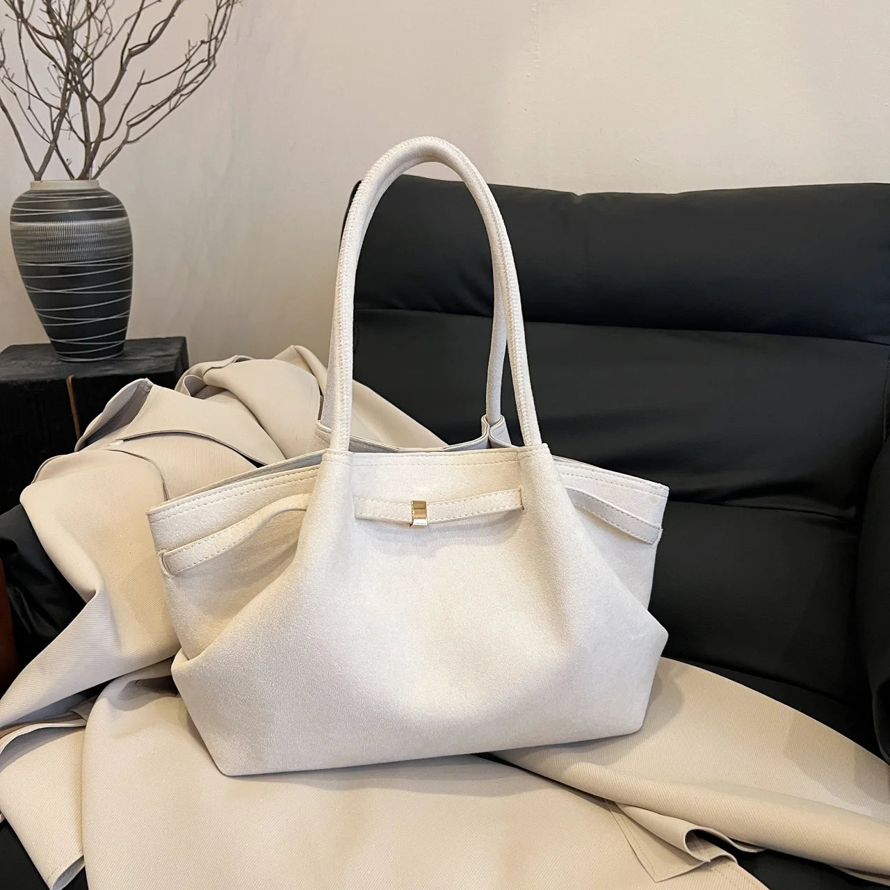 Amblot White (Large) Minimal suede tote bag