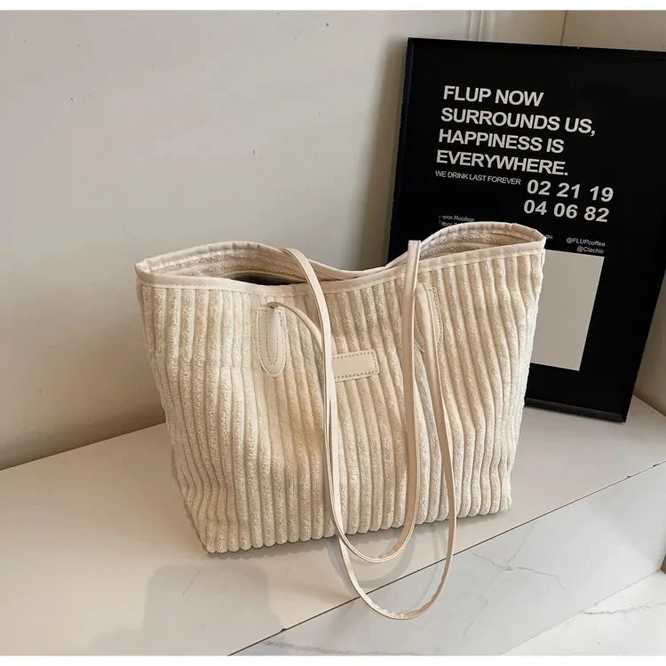 Amblot White Minimalist corduroy tote bag for everyday wear