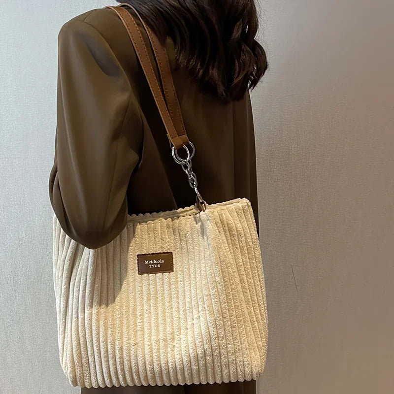 Amblot White Soft corduroy tote bag with spacious interior