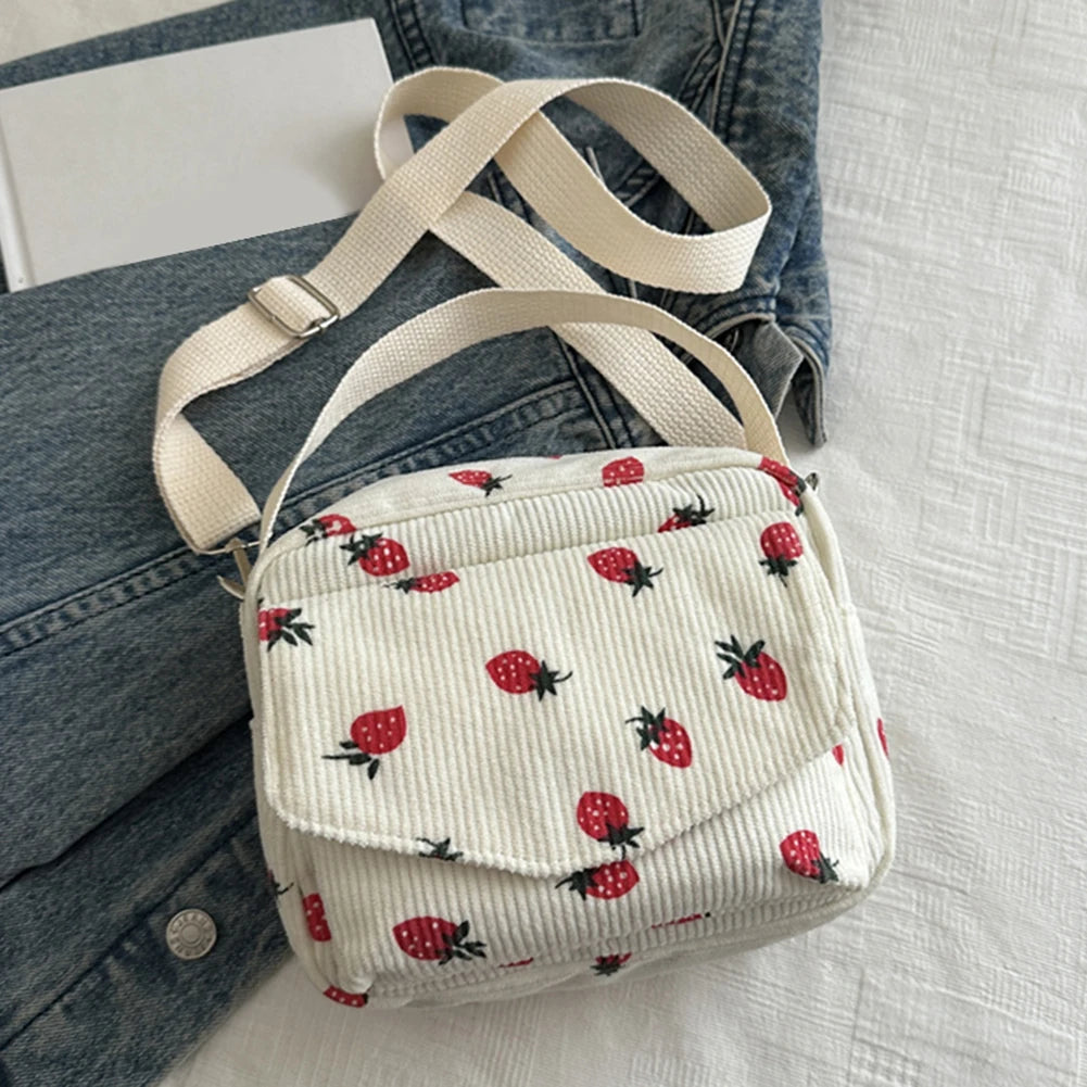 Amblot White Stawberry corduroy handbag with top handle