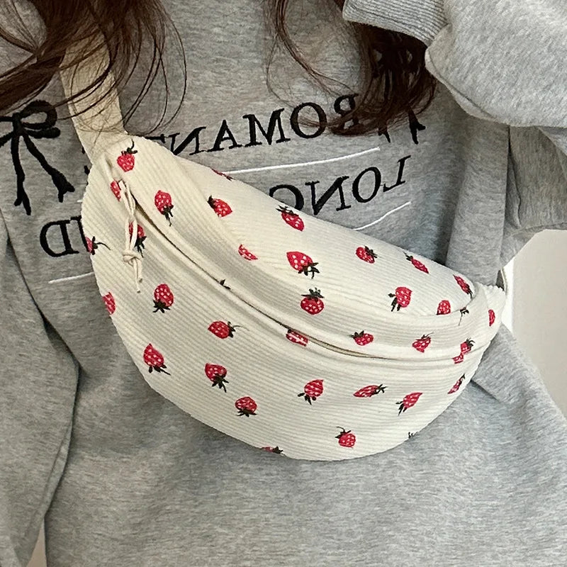 Amblot White Strawberry corduroy belt bags for women