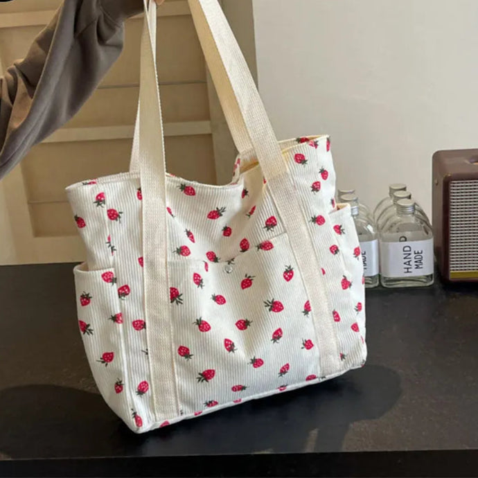 Amblot White Strawberry pattern corduroy tote bag for women