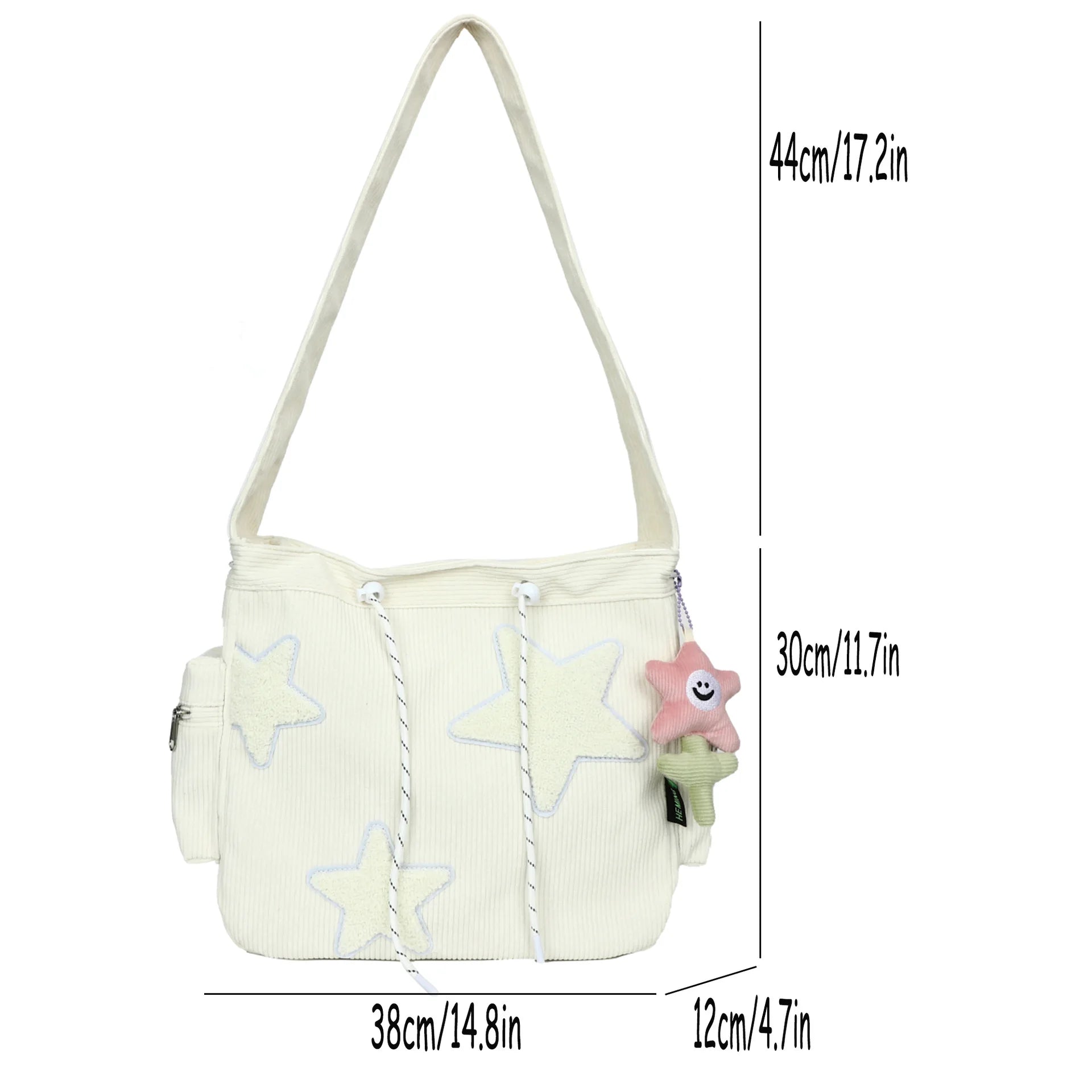 Amblot White Stylish corduroy tote bag with drawstring detail