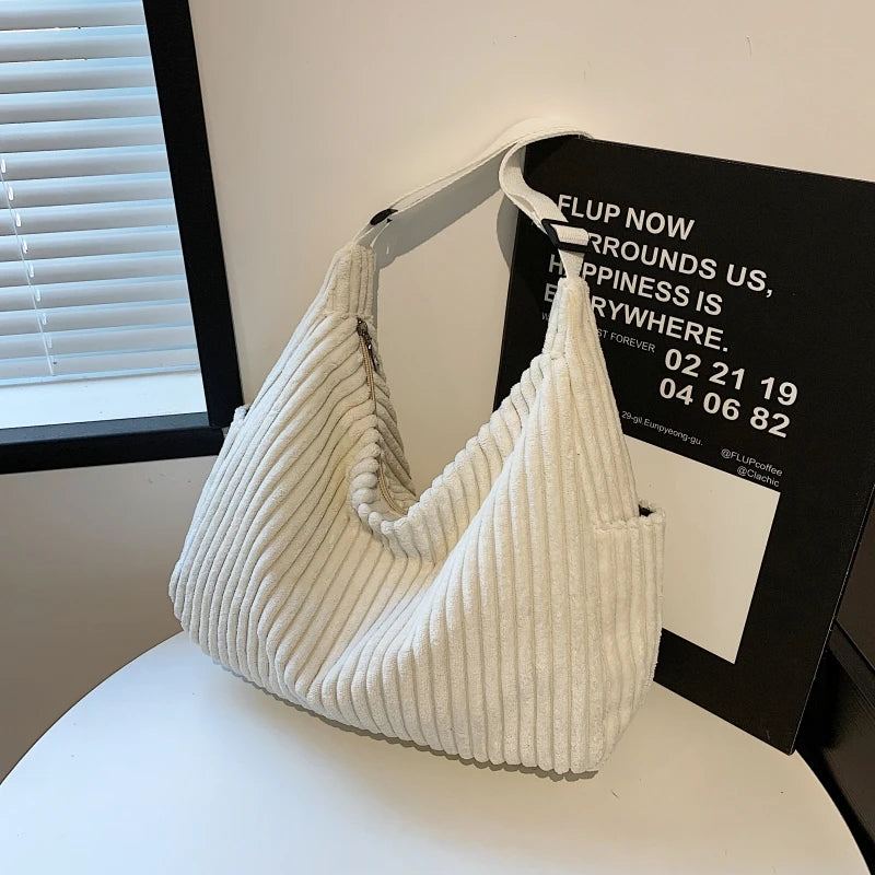 Amblot White Versatile corduroy handbag with shoulder strap