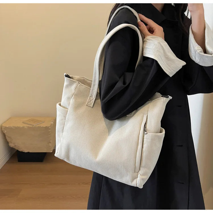 Amblot White Versatile corduroy tote bag for women