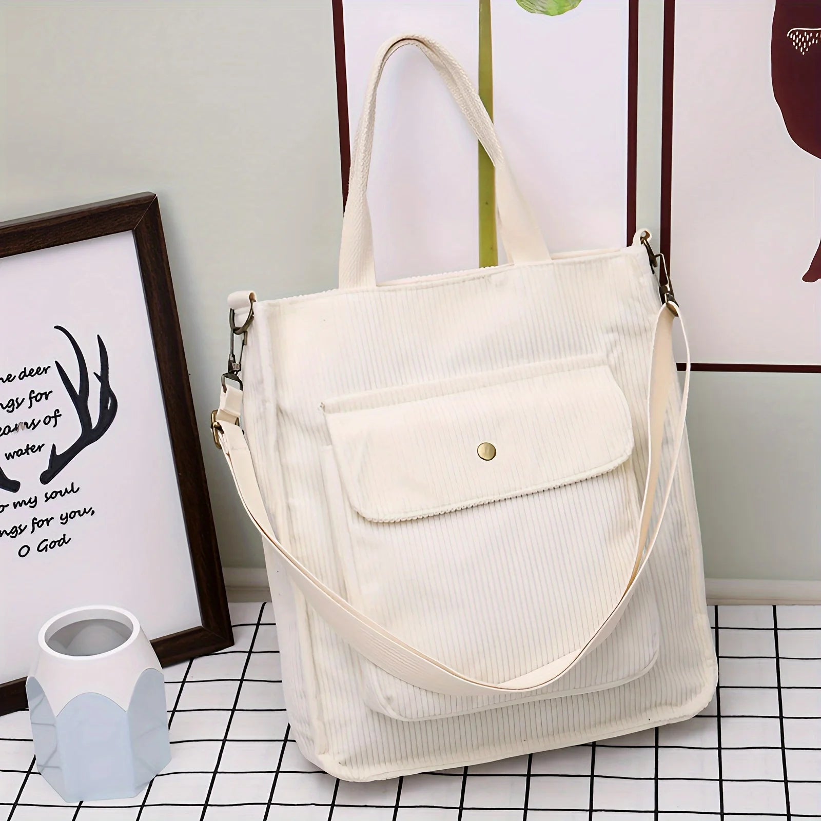 Amblot White Women's vintage corduroy tote bag