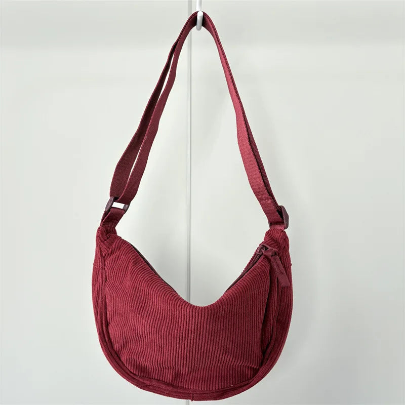 Amblot Wine Red Corduroy handbag with adjustable shoulder strap