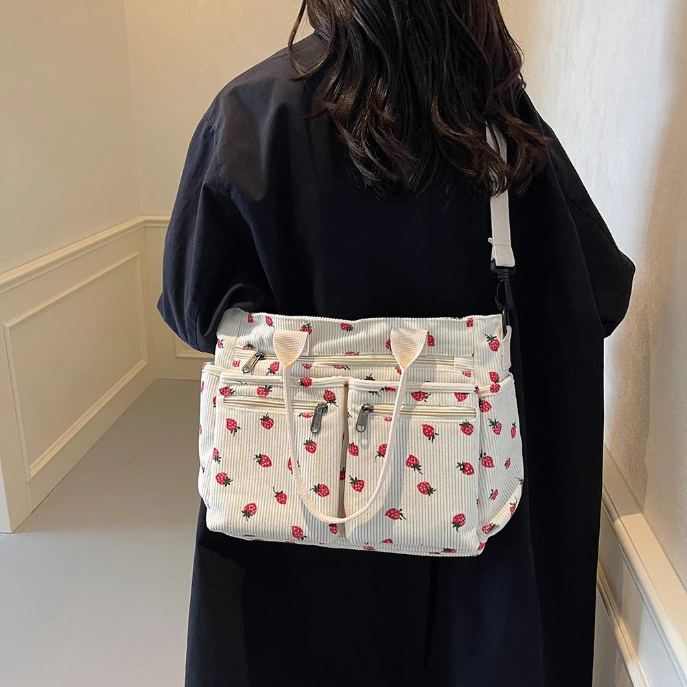 Amblot Women’s strawberry print corduroy tote bag