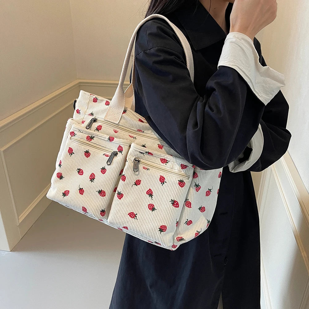 Amblot Women’s strawberry print corduroy tote bag