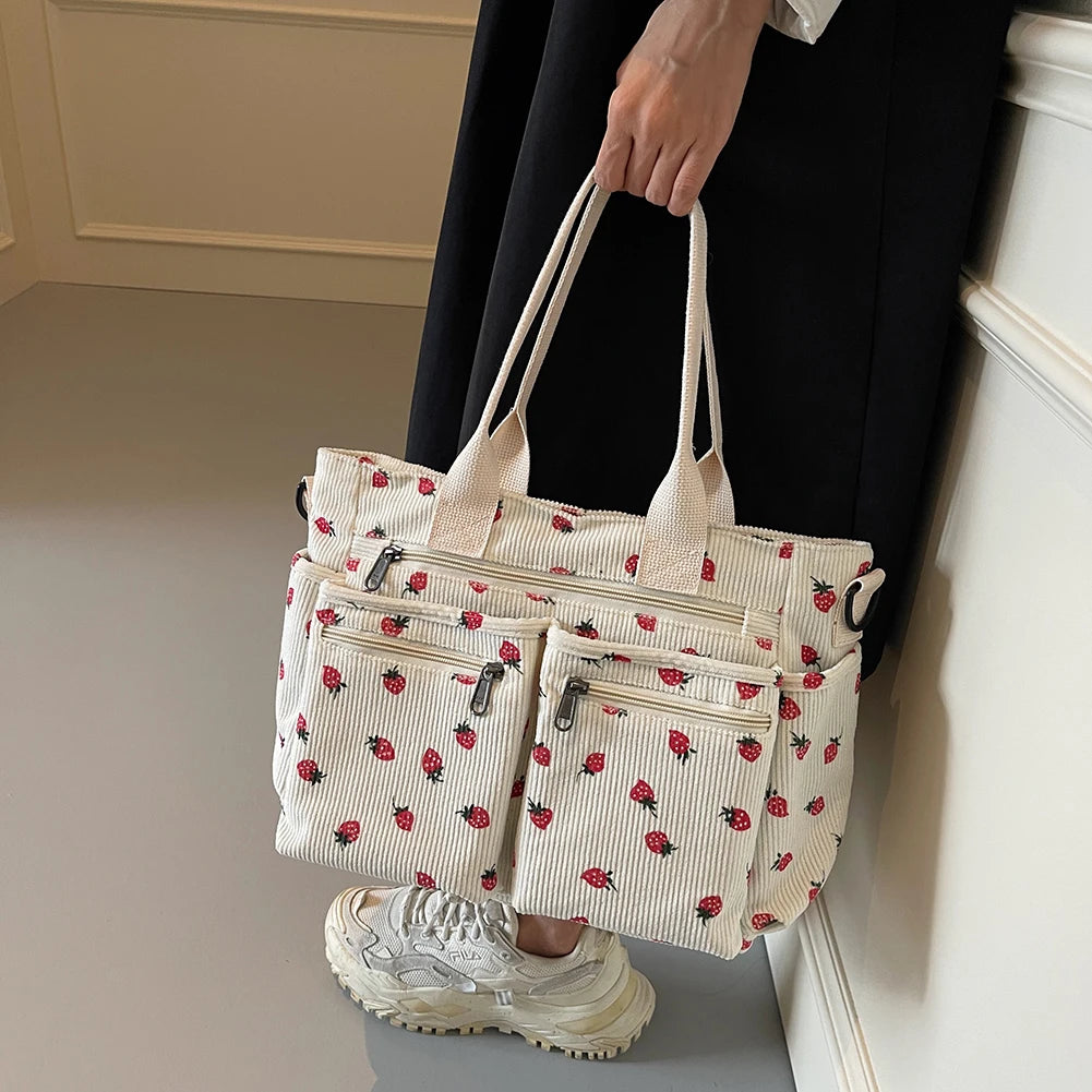 Amblot Women’s strawberry print corduroy tote bag