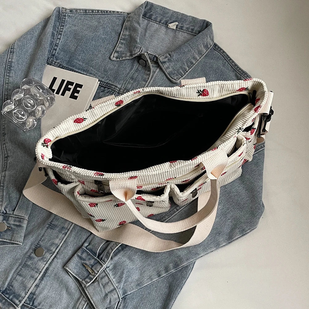 Amblot Women’s strawberry print corduroy tote bag