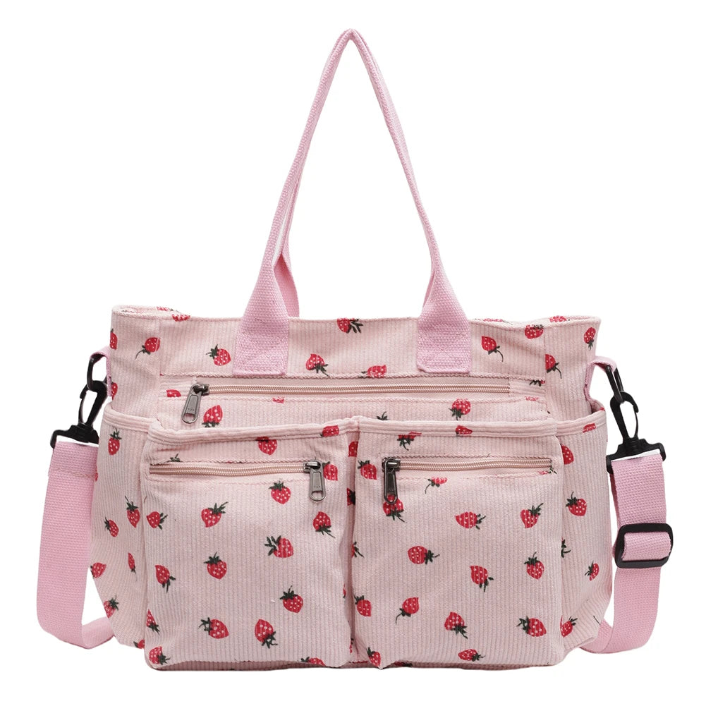 Amblot Women’s strawberry print corduroy tote bag